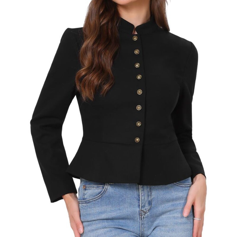 Women Business Casual Cropped Blazer Fitted Suit Jacket Black